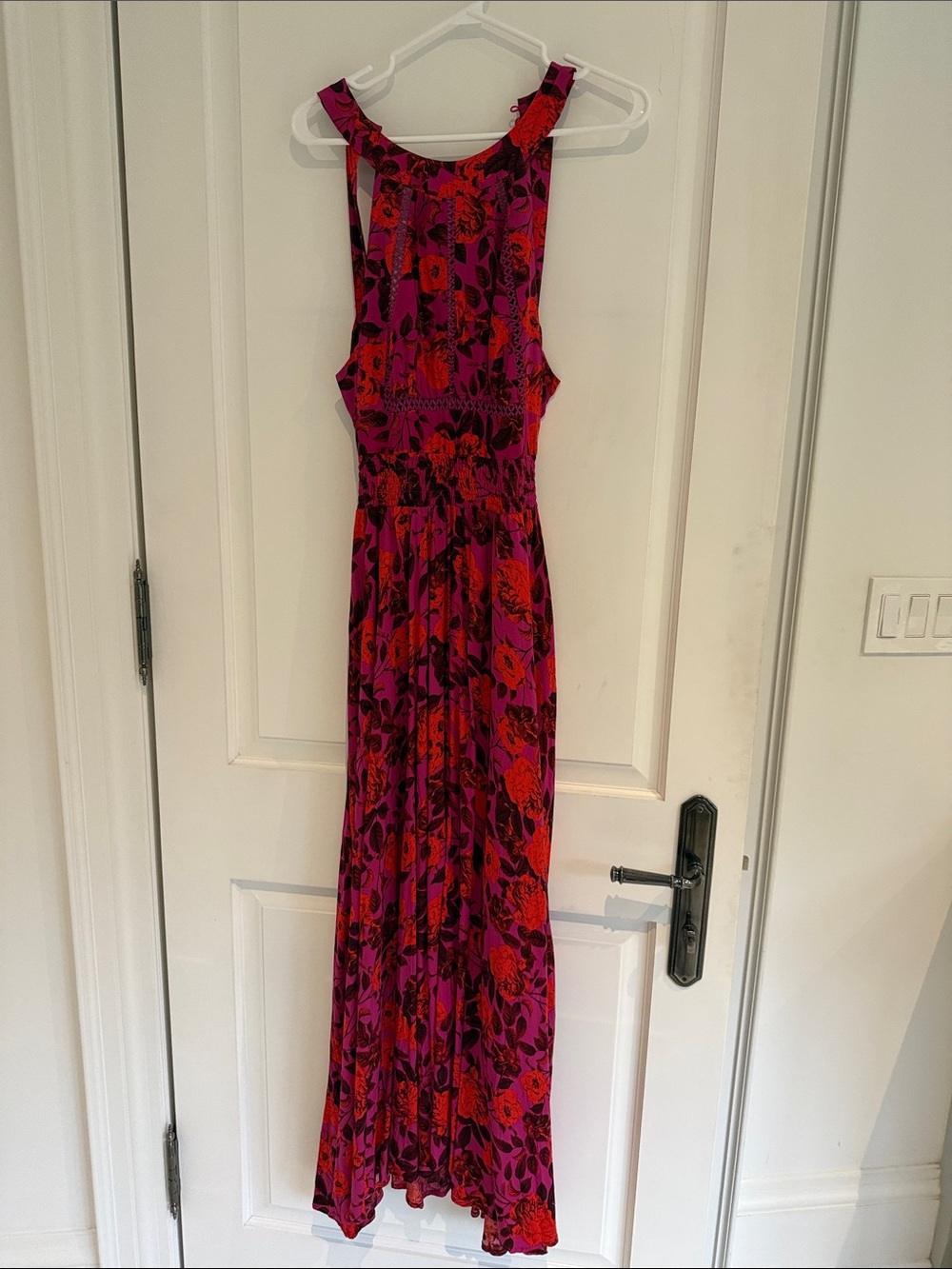 Sleeveless Pink & Red Floral Maxi Dress with Smocked Waist